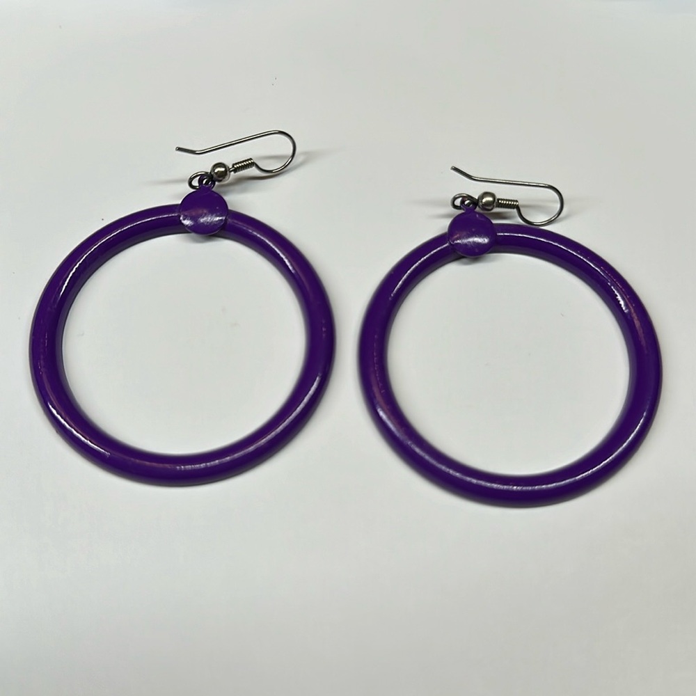Purple enamel retro dangle circle hoops large statement 80s style